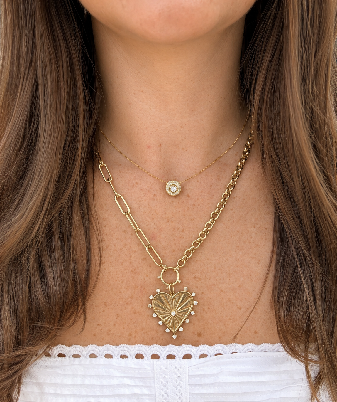 14k Pave Button Necklace with Bezel