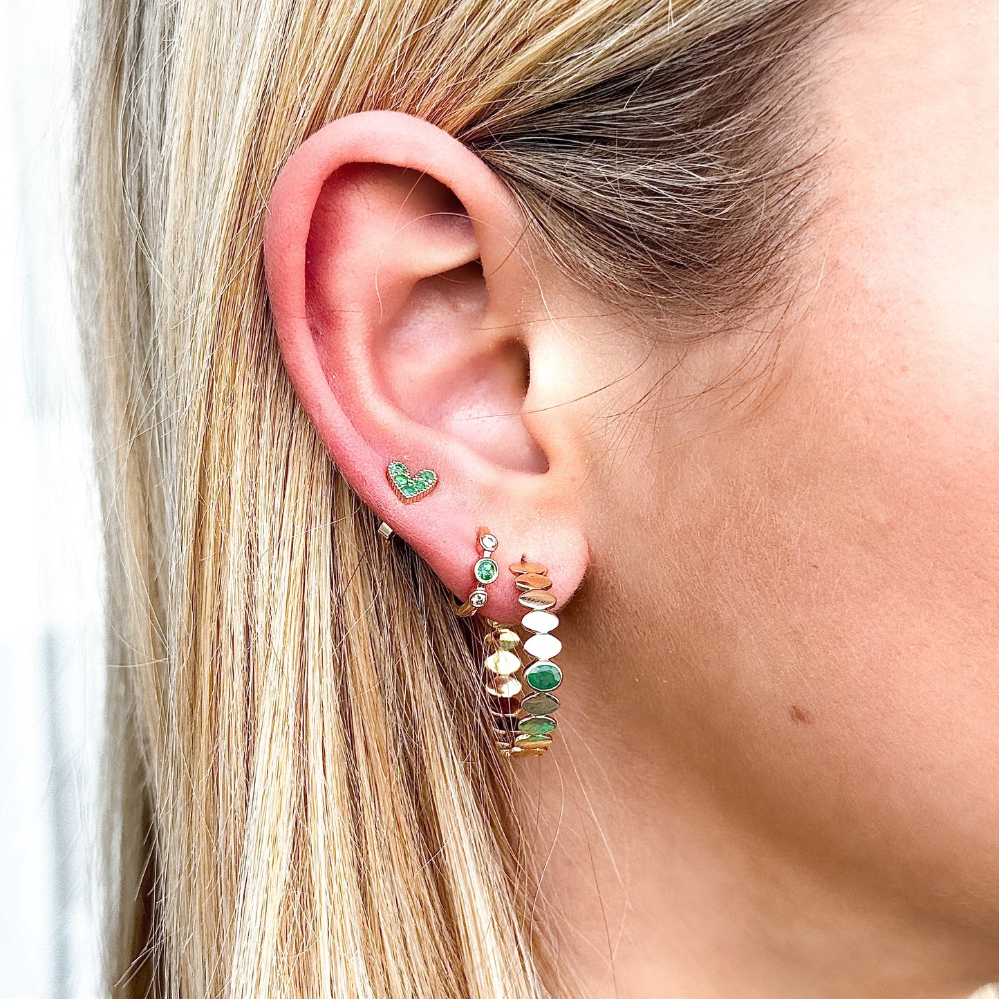 14k Bezel Set Emerald and Diamond Huggies
