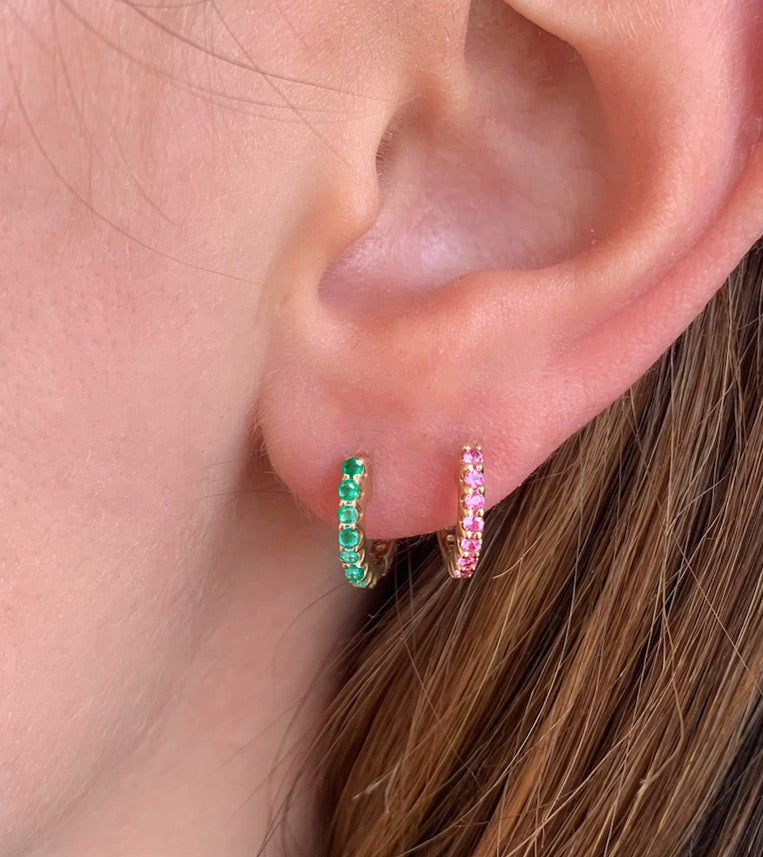 14k Reversible Huggie Emerald/Pink Sapphire