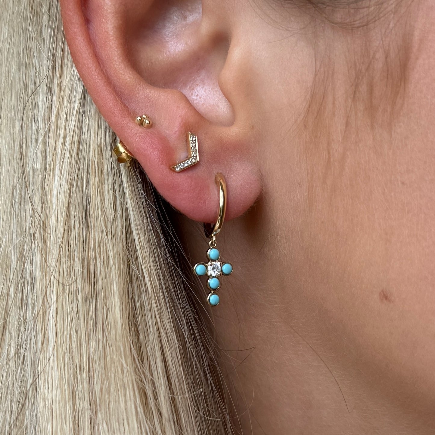 14k Bezel Turquoise Cross Huggies