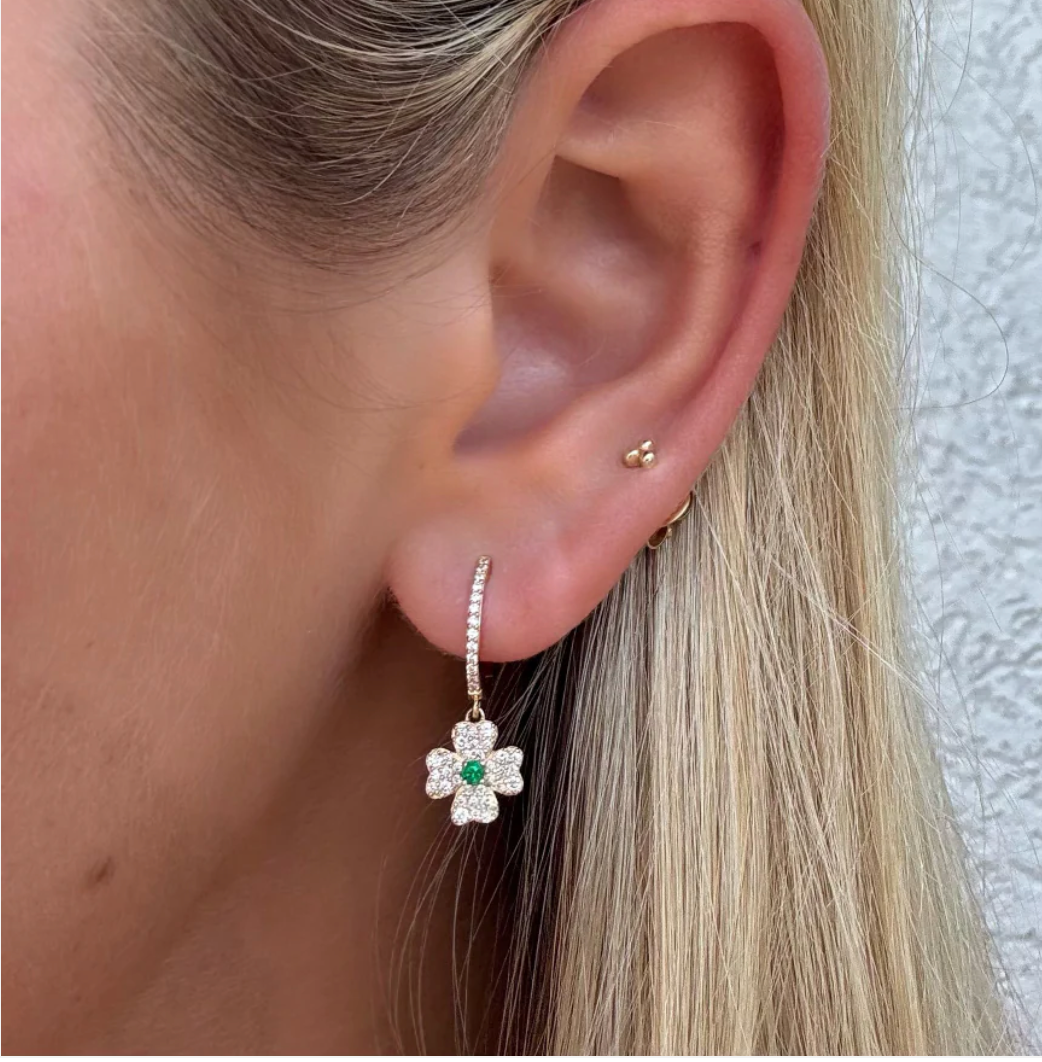 14k Diamond and Emerald Flower Huggies