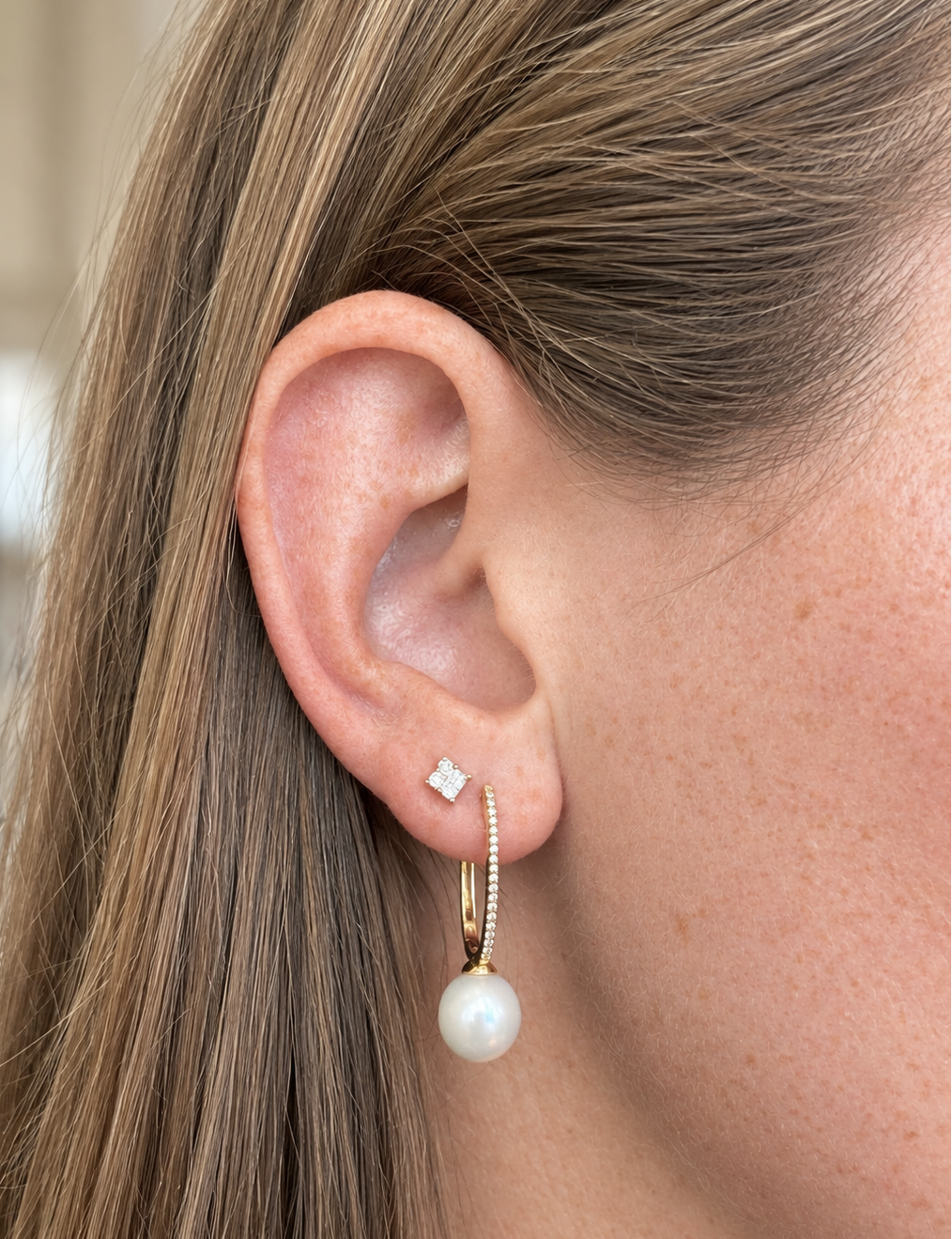 14k Diamond Pearl Drop Huggies