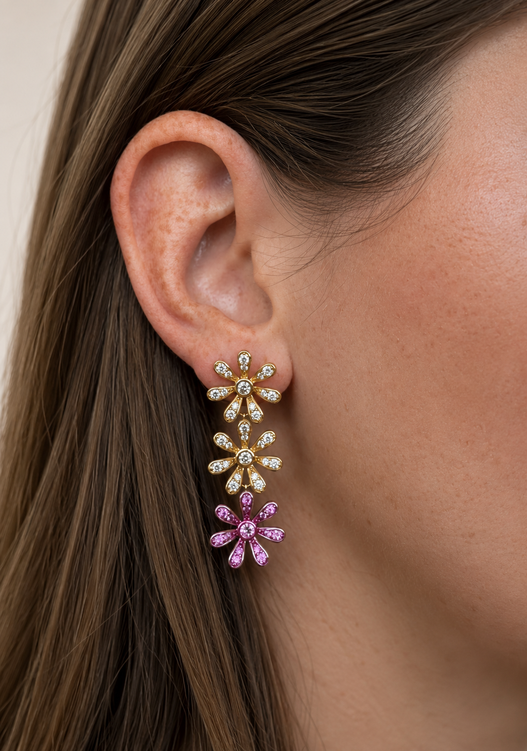 14k Pink Sapphire and Diamond Flower Earrings