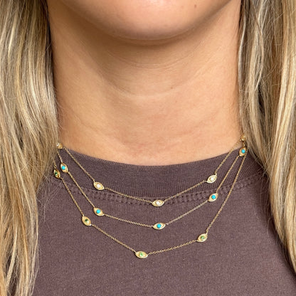 14K Diamond Evil Eye Station Necklace