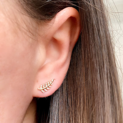 14K Pave Leaf Studs