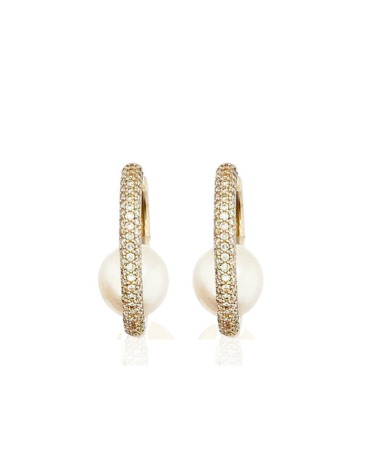 14K Floating Pearl Diamond Hoops