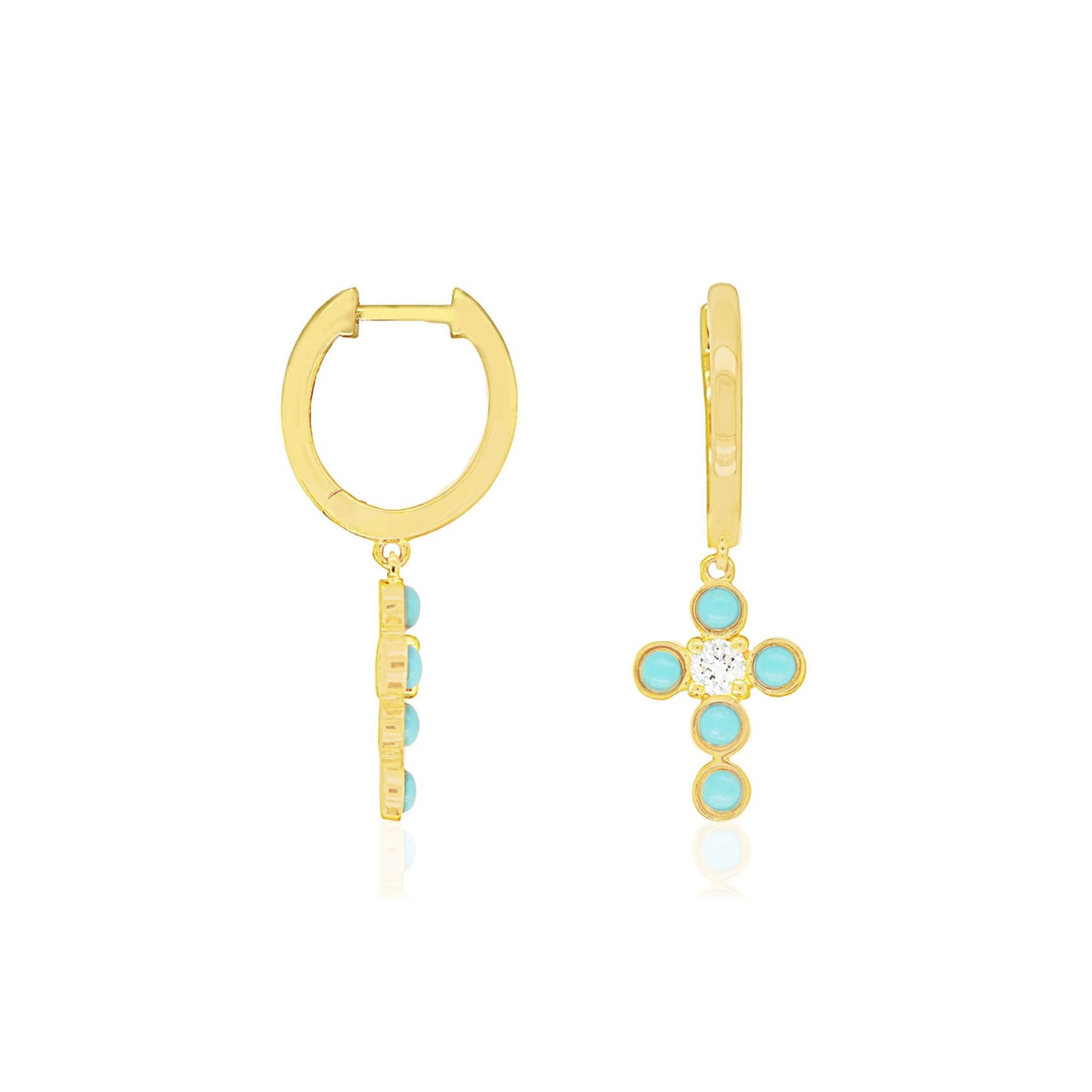 14k Bezel Turquoise Cross Huggies