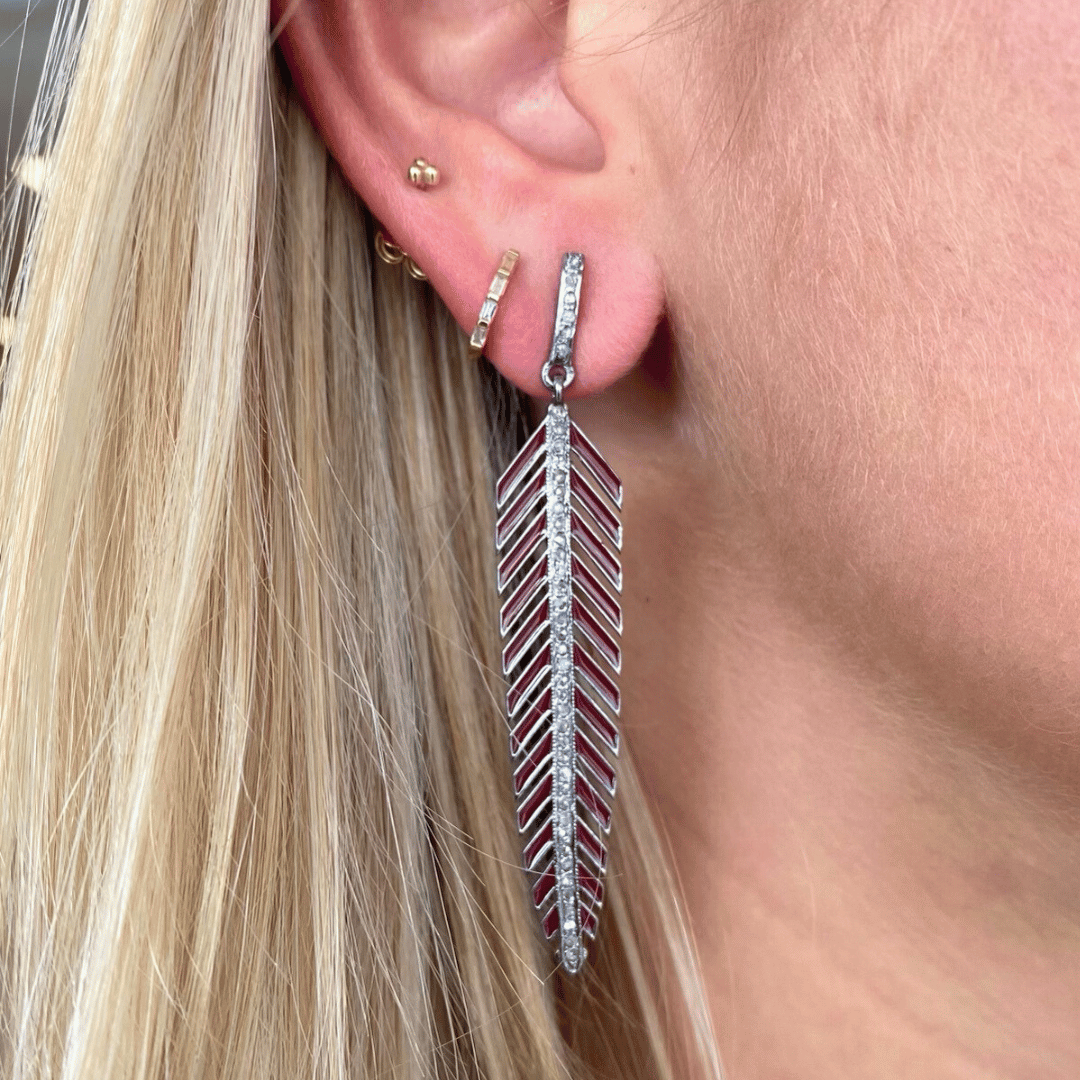 Diamond Enamel Feather Earrings