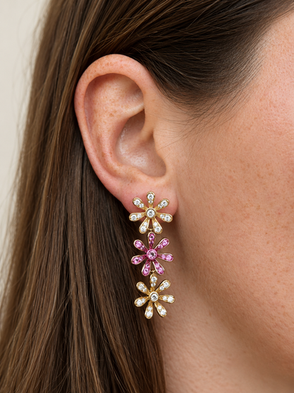 14k Pink Sapphire and Diamond Flower Earrings
